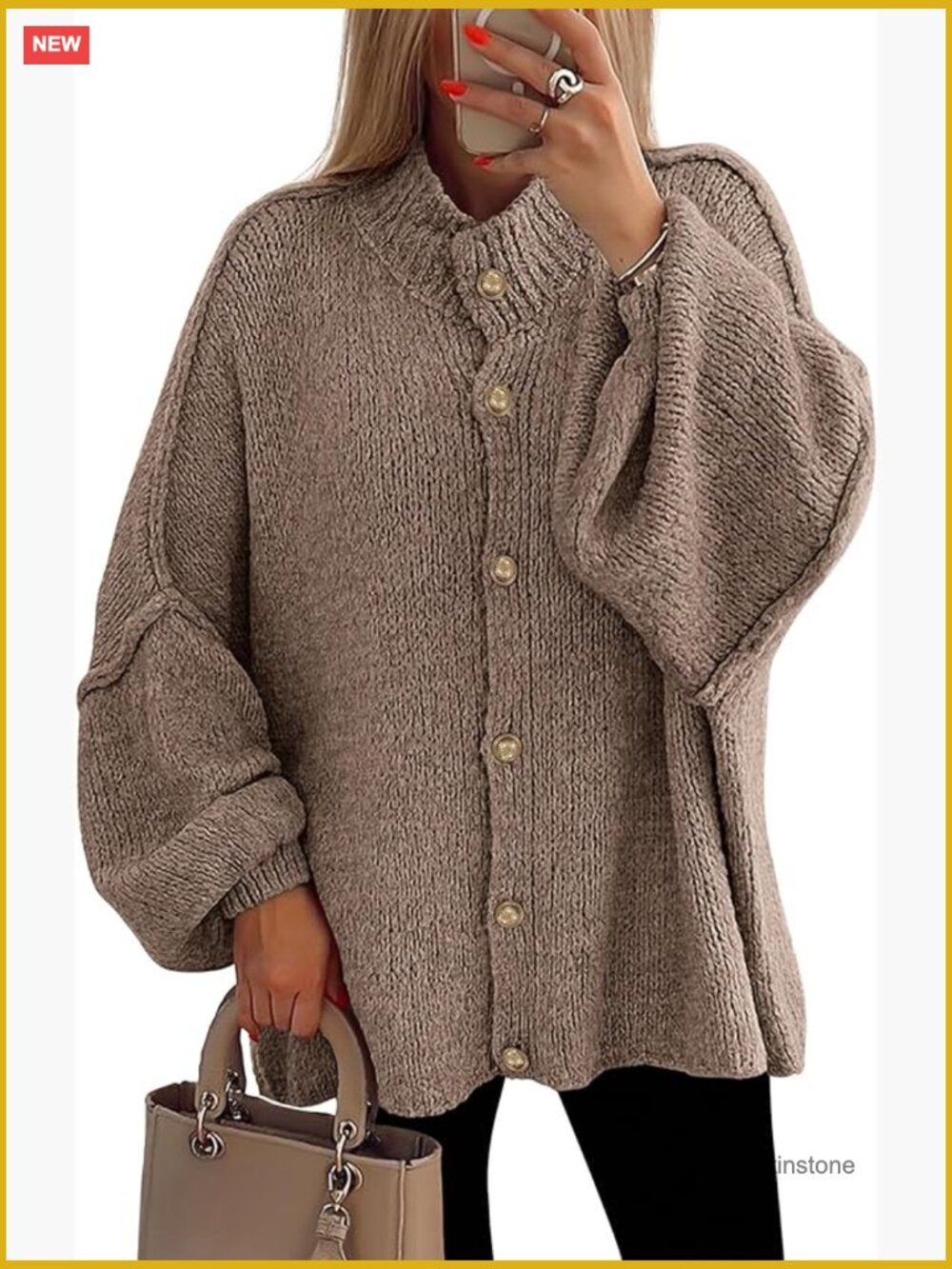 Chunky Knit Cardigan Sweater with Mock Neck and Lantern Sleeves